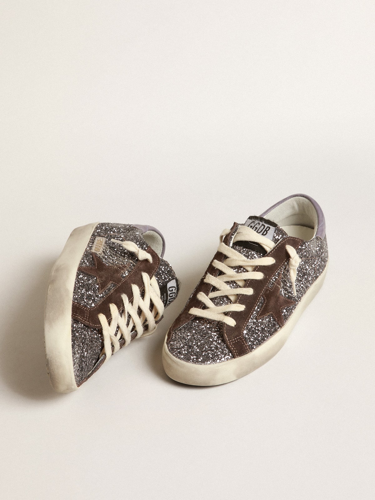 Golden Goose Super-Star In Glitter With A Brown Star And Lilac Heel Tab Womens