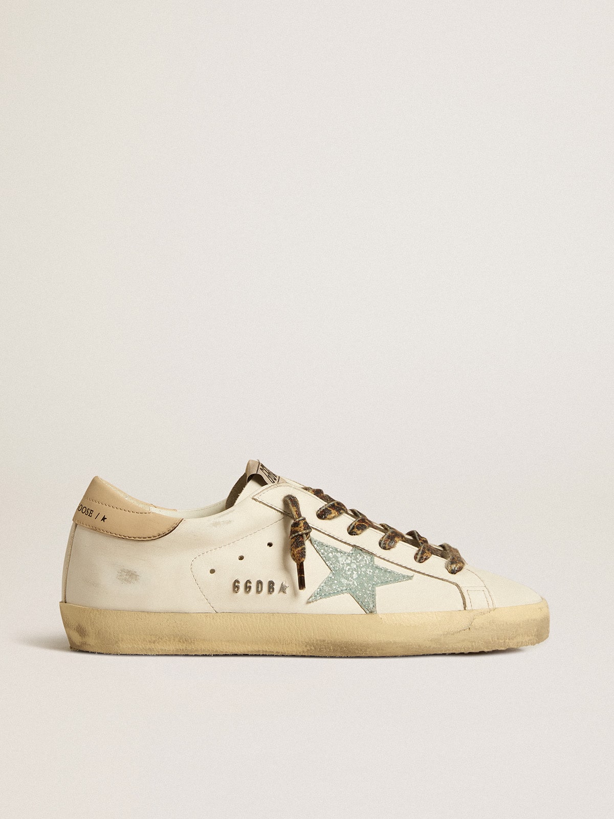 Golden Goose Womens Super-Star With Gray Glitter Star And Nude Leather Heel Tab Womens