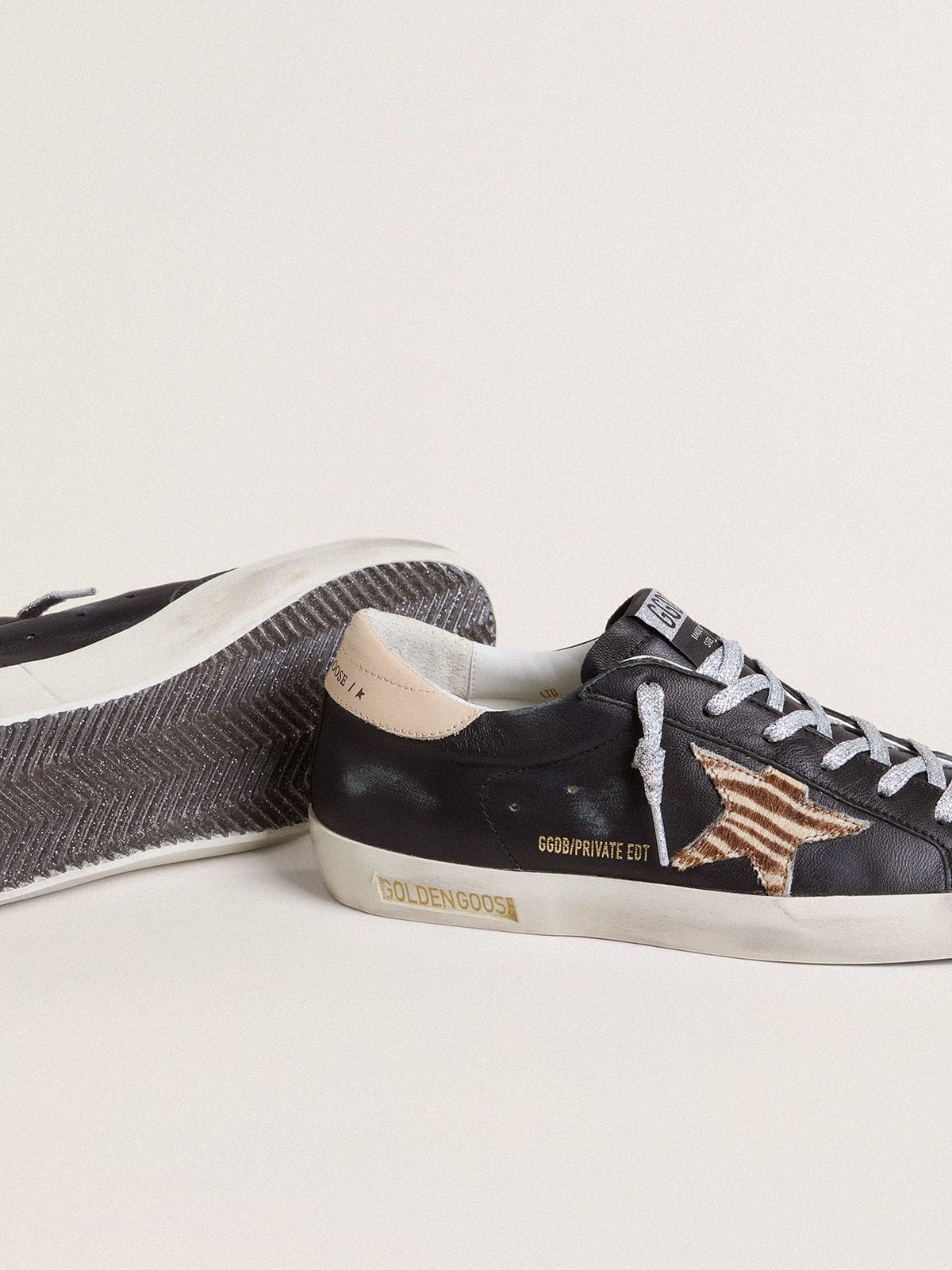 Golden Goose Womens Super-Star In Black Nappa Leather With Zebra-Print Pony Skin Star And Beige Leather Heel Tab Womens