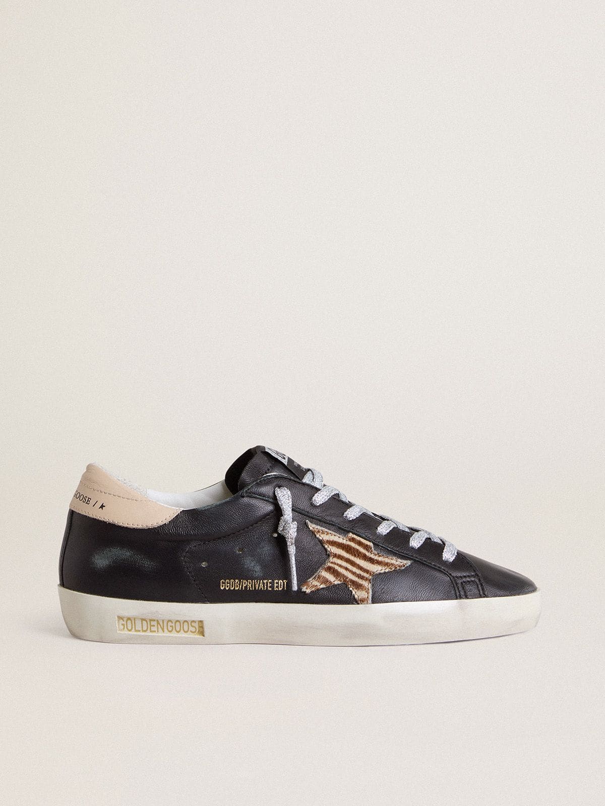 Golden Goose Womens Super-Star In Black Nappa Leather With Zebra-Print Pony Skin Star And Beige Leather Heel Tab Womens