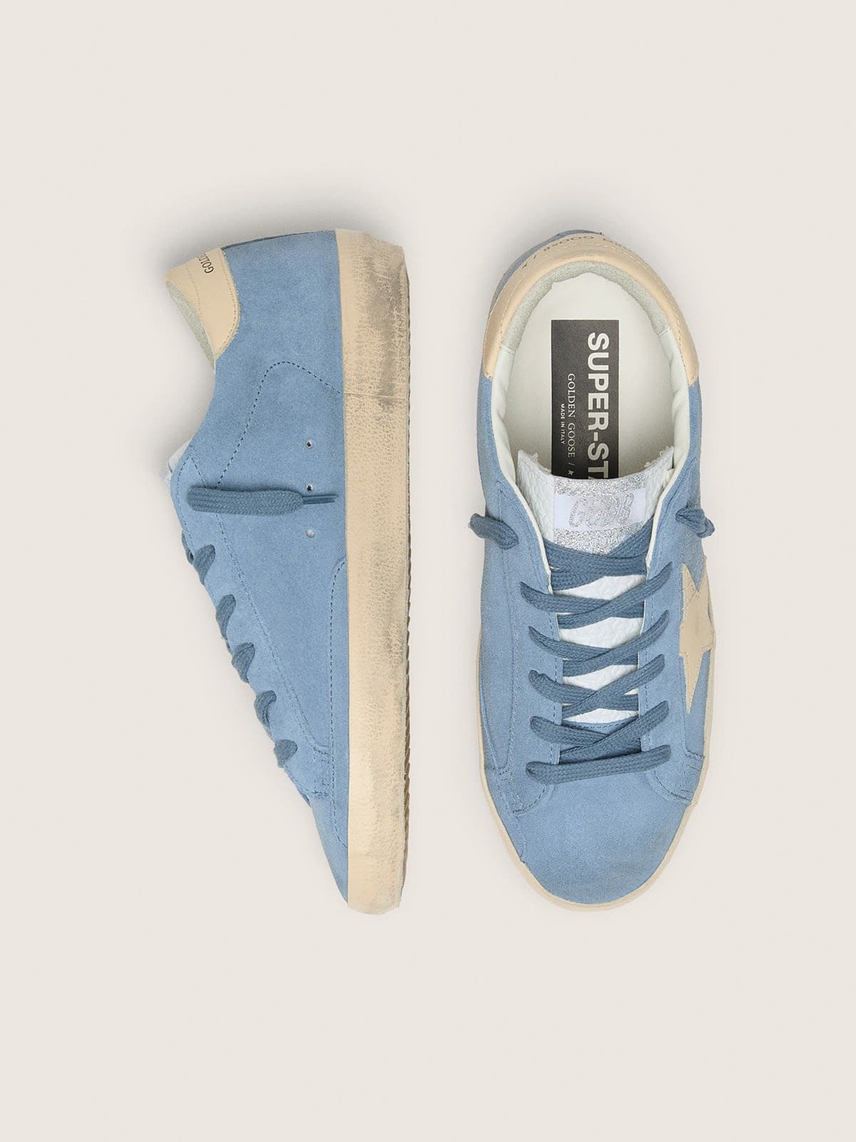 Golden Goose Super-Star In Light Blue Suede With Beige Leather Star And Heel Tab Womens
