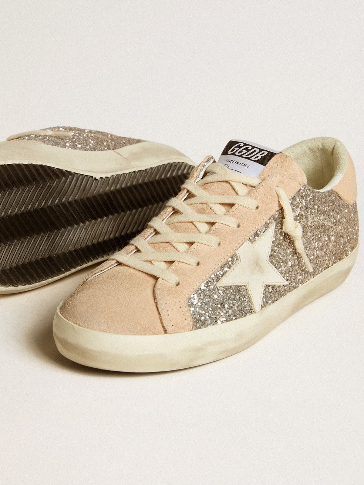 Golden Goose Womens Super-Star In Silver Glitter With Leather Star And Heel Tab Womens