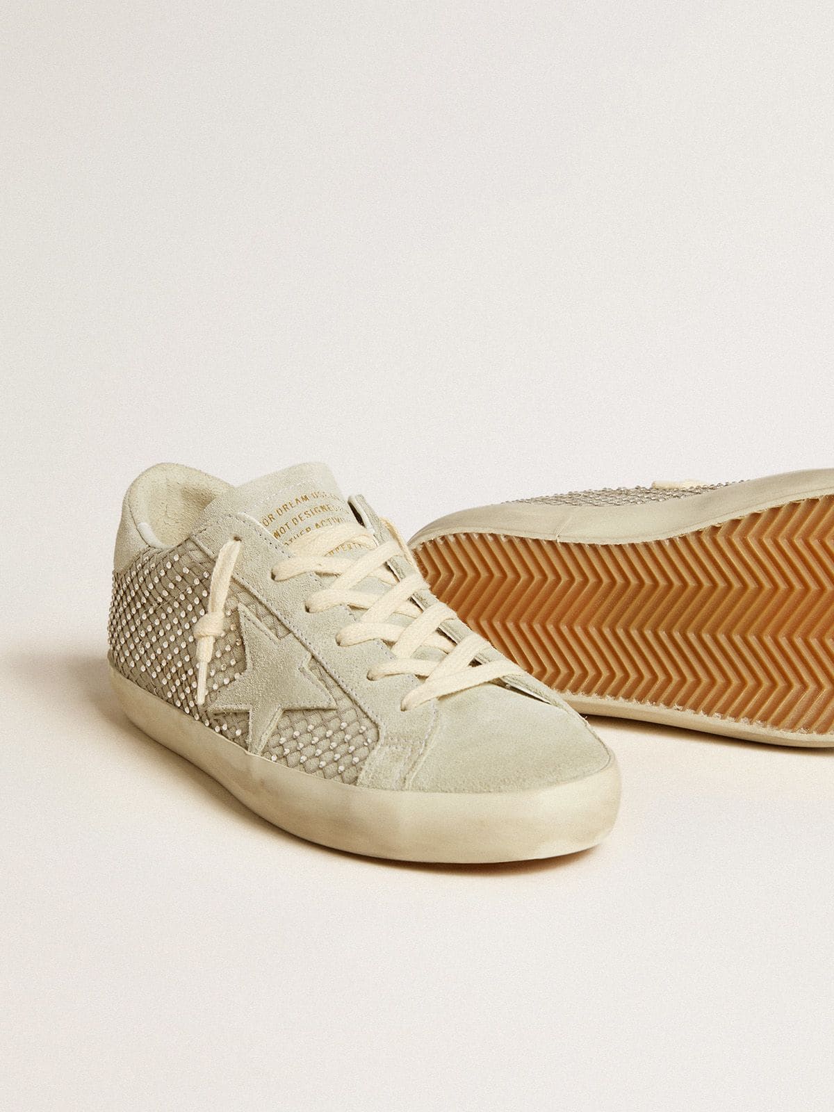 Golden Goose Womens Super-Star With Gray Suede Star And Swarovski Crystal Mesh Womens