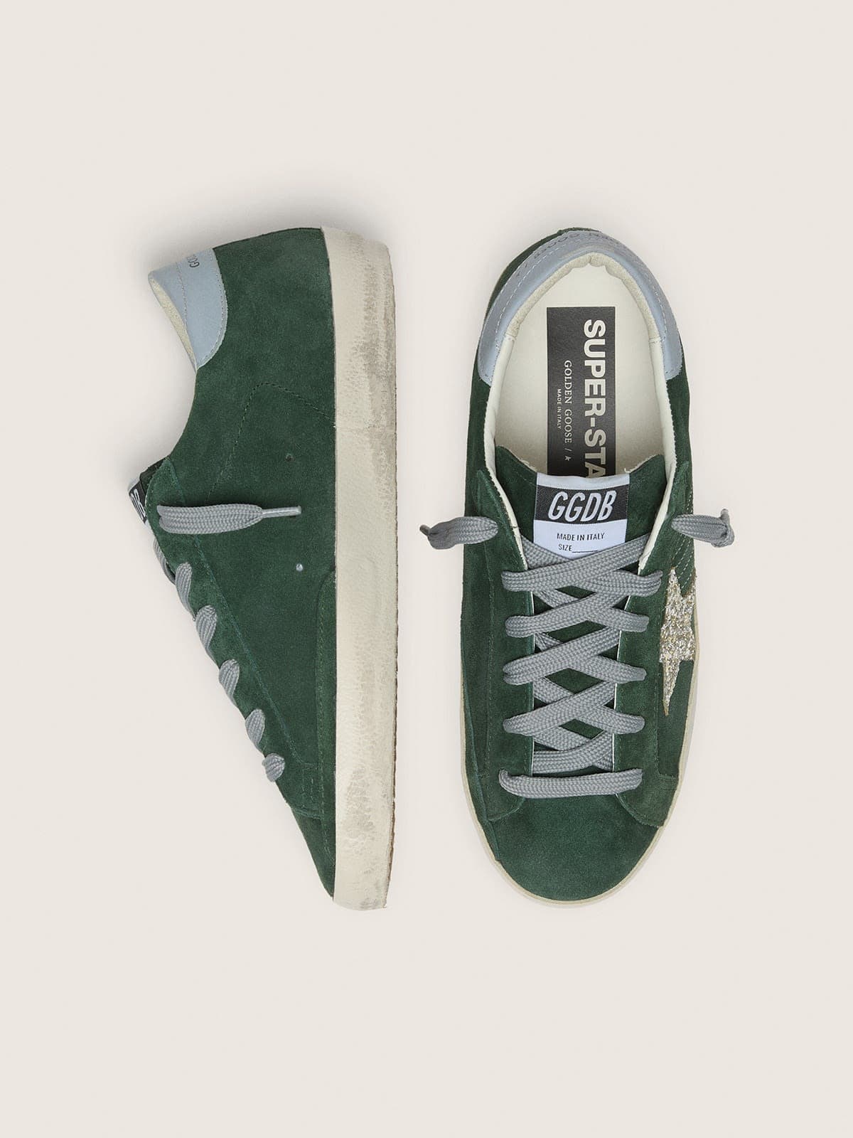 Golden Goose Womens Super-Star In Green Suede, Silver Glitter Star And Leather Heel Tab Womens
