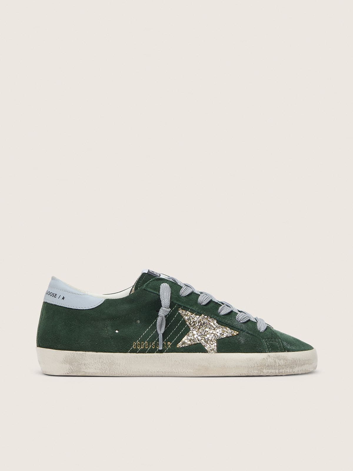 Golden Goose Womens Super-Star In Green Suede, Silver Glitter Star And Leather Heel Tab Womens
