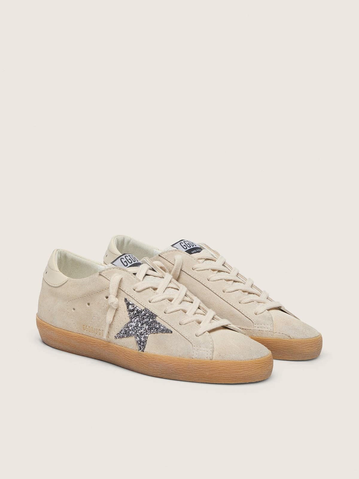 Golden Goose Womens Super-Star In Ice-Gray Suede With Silver Glitter Star And Leather Heel Tab Womens