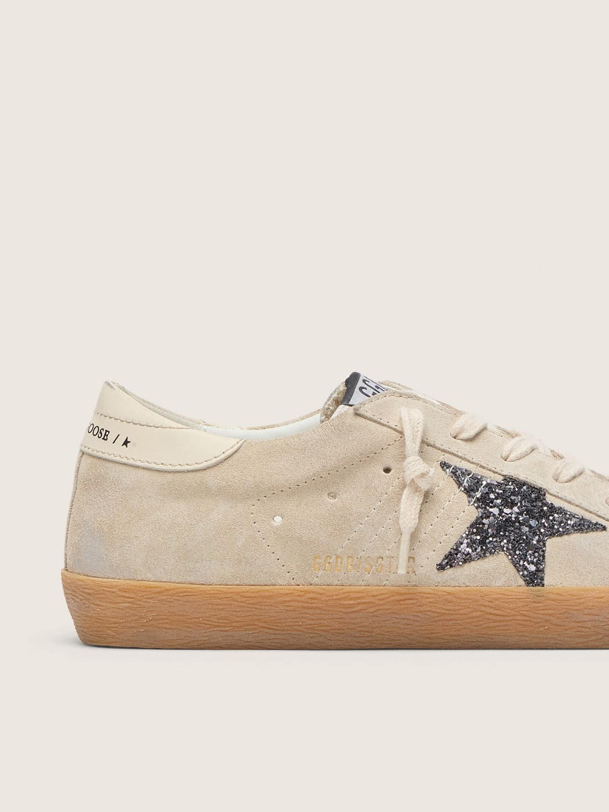 Golden Goose Womens Super-Star In Ice-Gray Suede With Silver Glitter Star And Leather Heel Tab Womens
