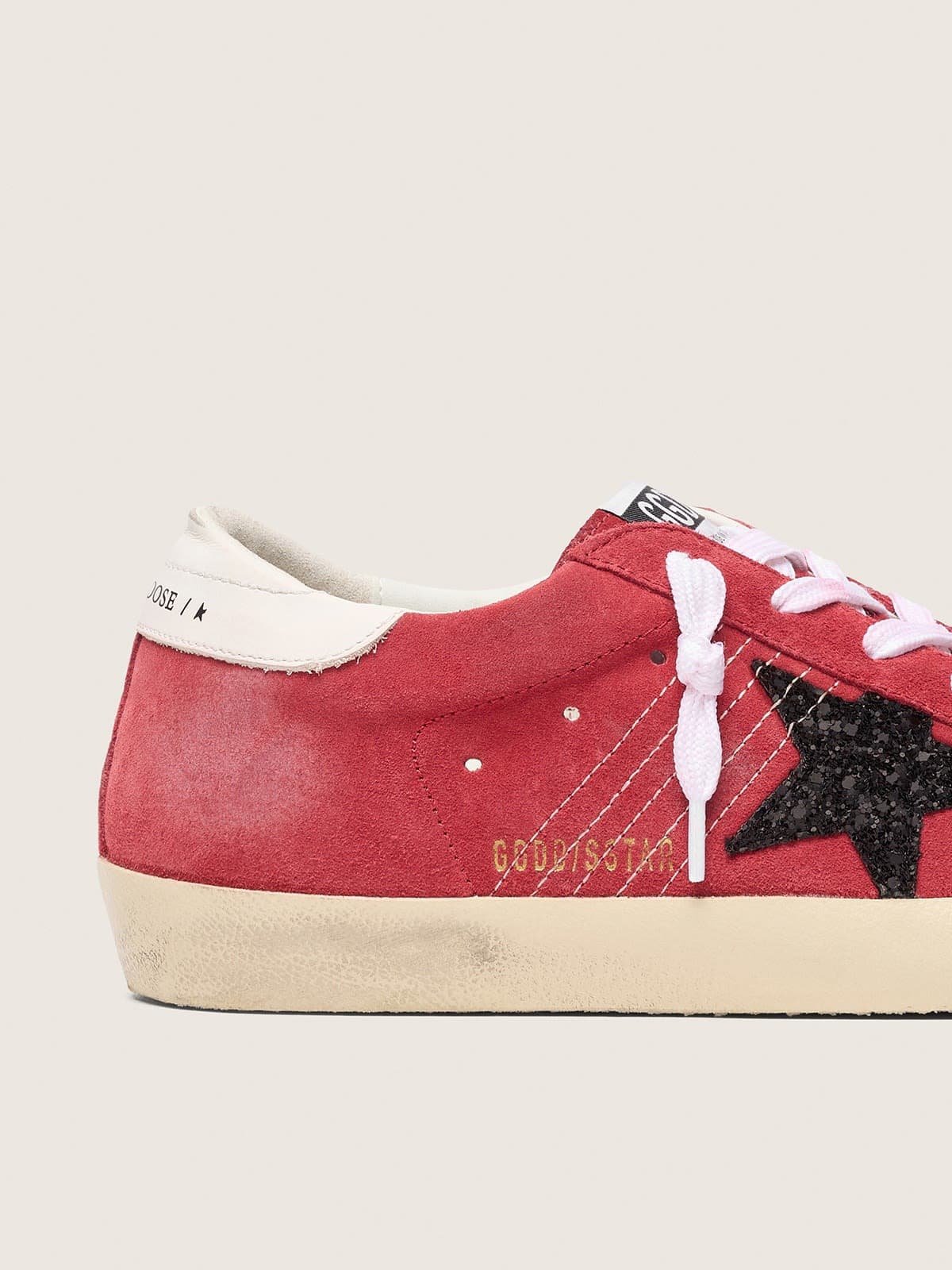 Golden Goose Womens Super-Star In Red Suede With Glitter Star And White Heel Tab Womens