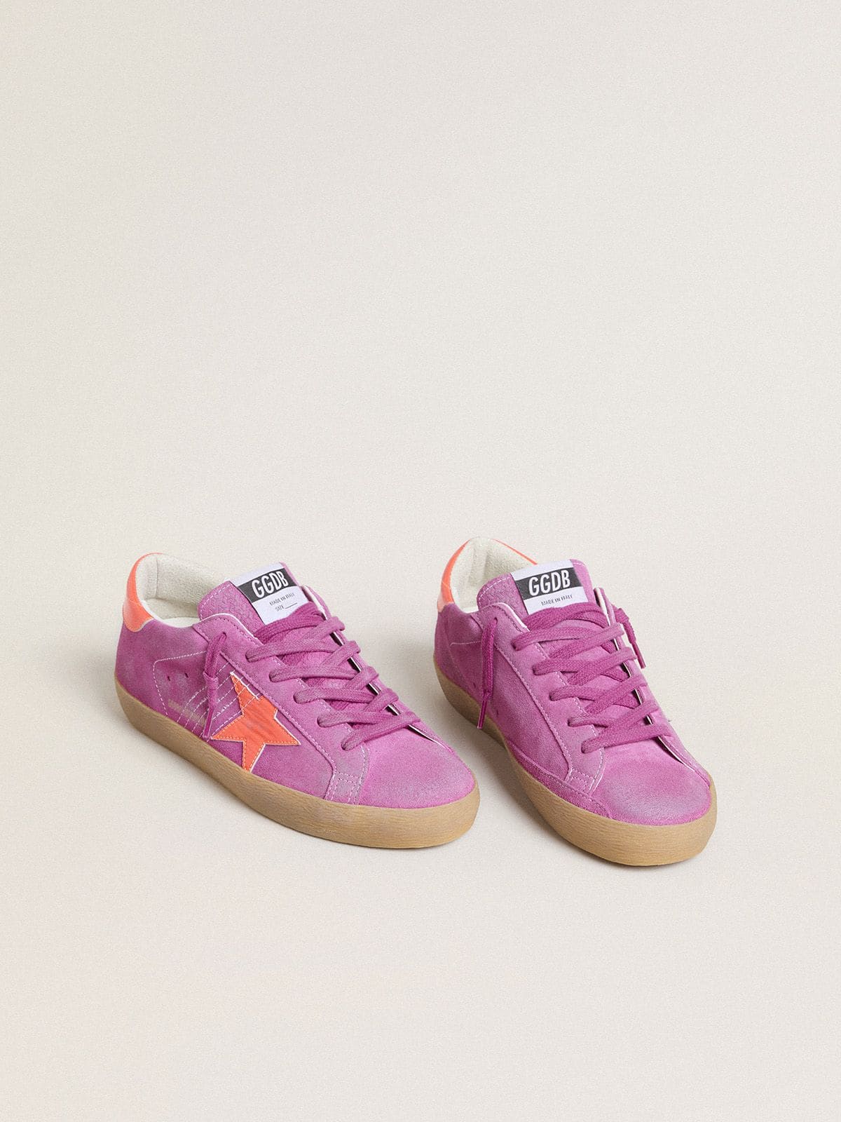 Golden Goose Womens Super-Star In Fuchsia Suede With Fluorescent Orange Laminated Leather Star And Heel Tab Womens