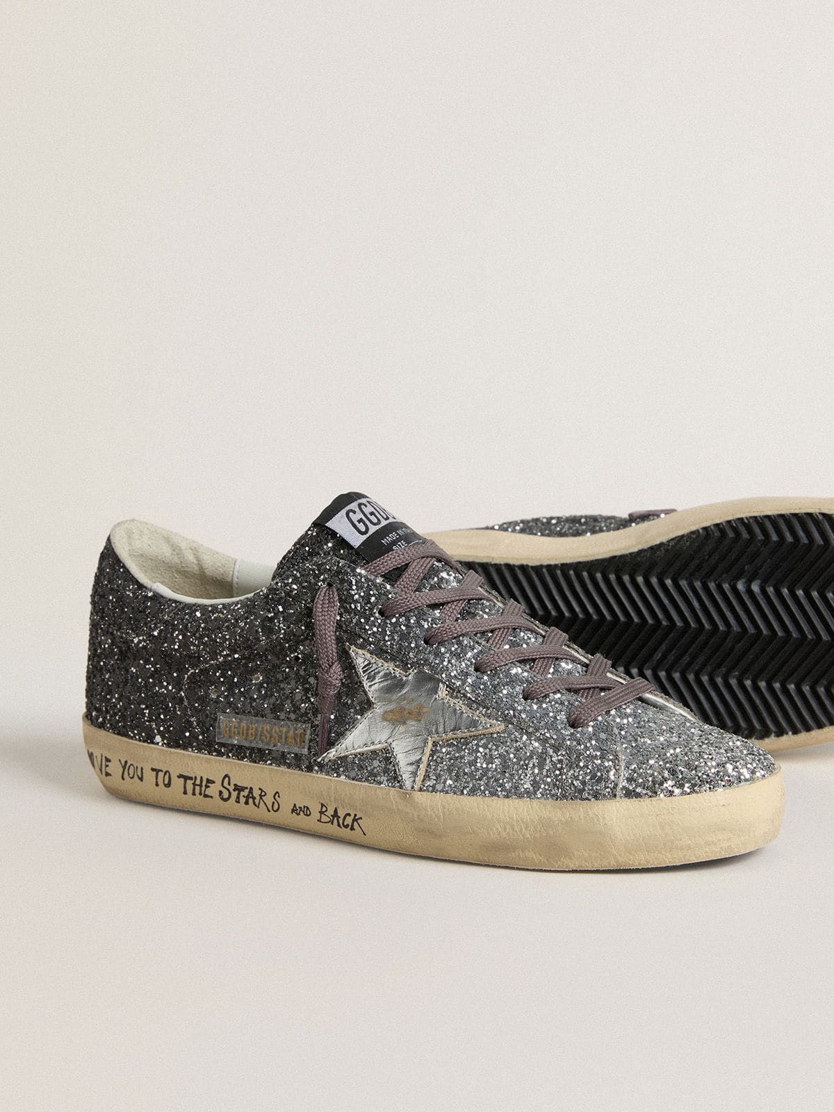 Golden Goose Womens Super Star With Glitter Upper And Silver Metallic Leather Star Womens