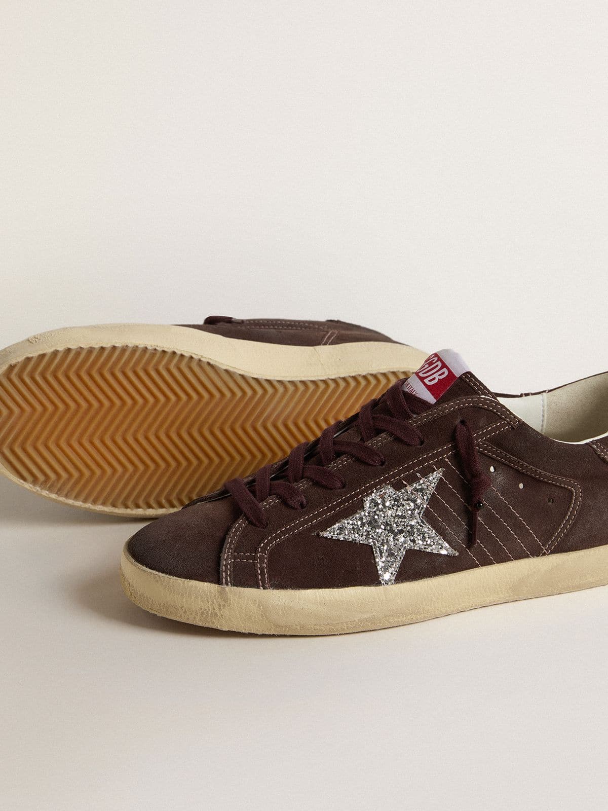 Golden Goose Womens Super-Star In Brown Suede With Silver Glitter Star Womens