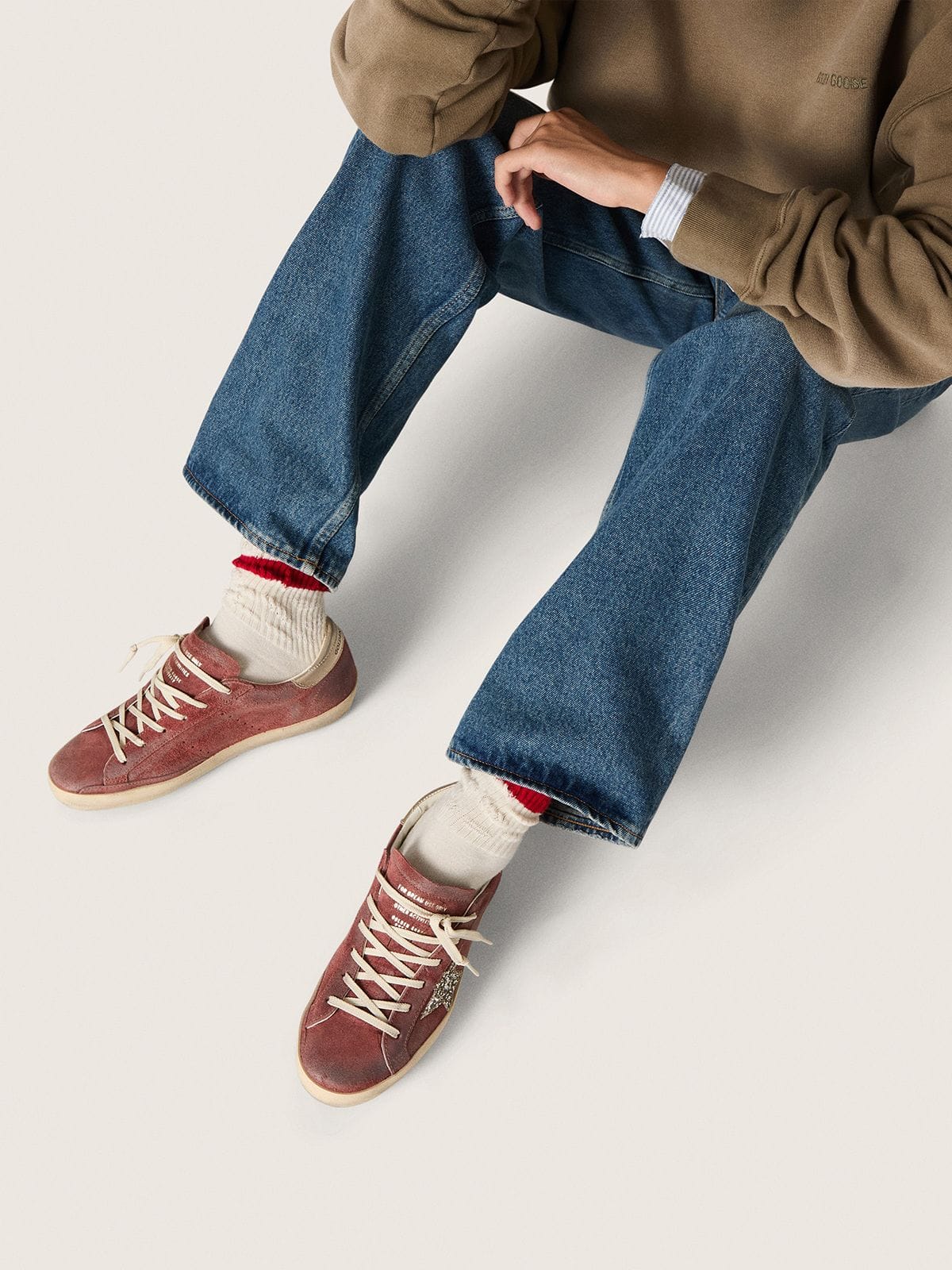 Golden Goose Womens Super-Star Ltd In Red Suede With Silver Glitter Star And Laminated Leather Heel Tab Womens