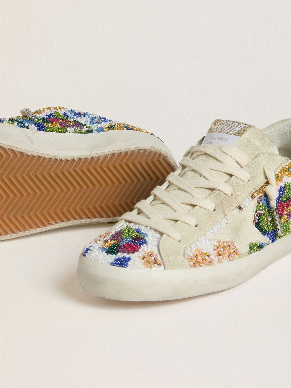 Golden Goose Womens Super-Star With Multicolored Beads And Beige Suede Star Womens