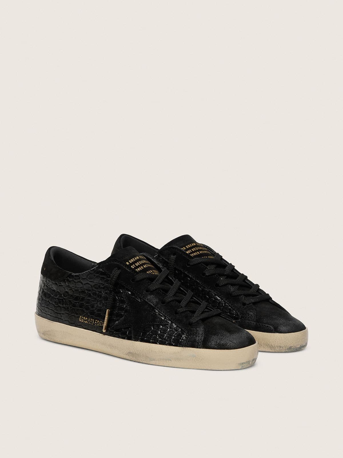 Golden Goose Womens Super-Star Ltd In Black Croc-Print Leather With Black Suede Star And Heel Tab Womens