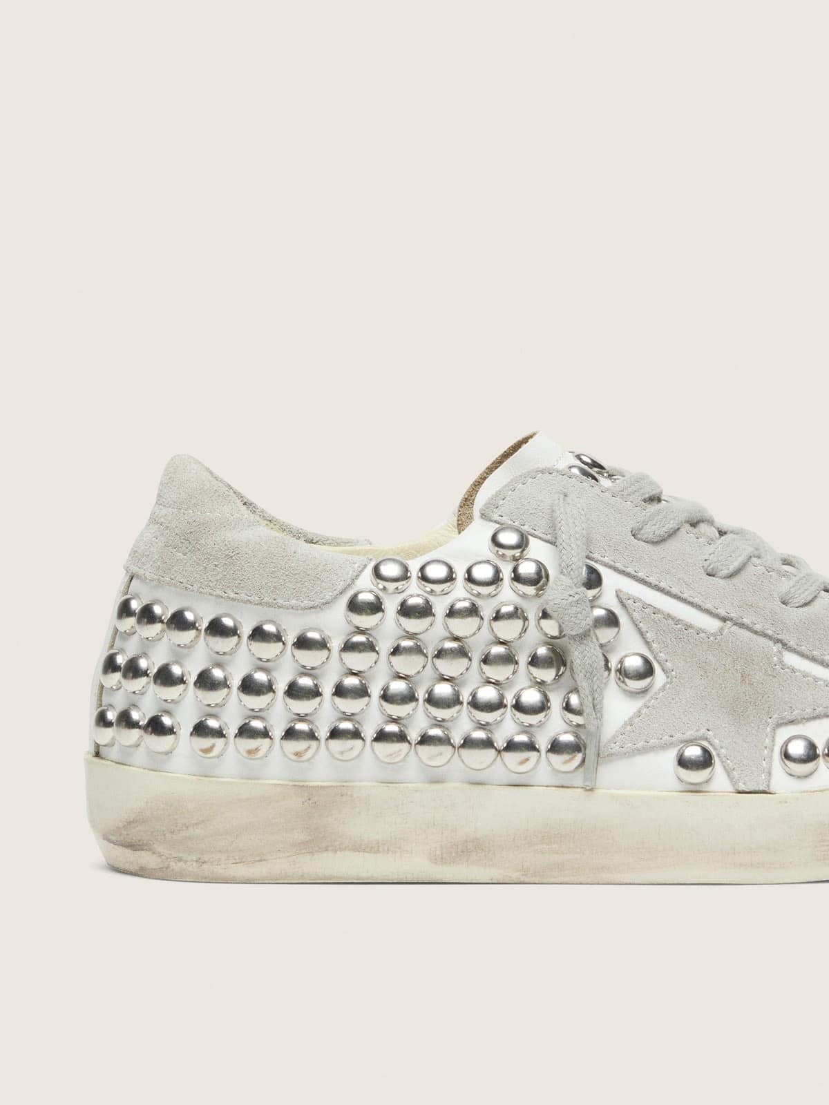 Golden Goose Womens Super-Star In White Leather With Light Gray Star And Metal Studs Womens
