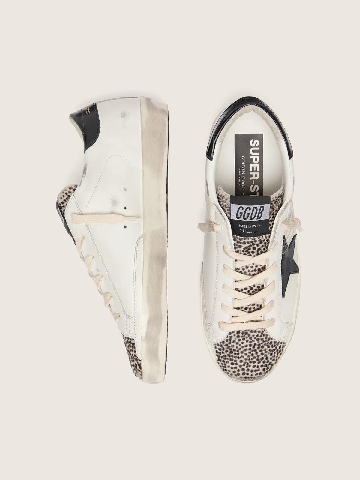 Golden Goose Womens Super-Star Ltd In White Leather With Black Star And Pony Skin Details Womens