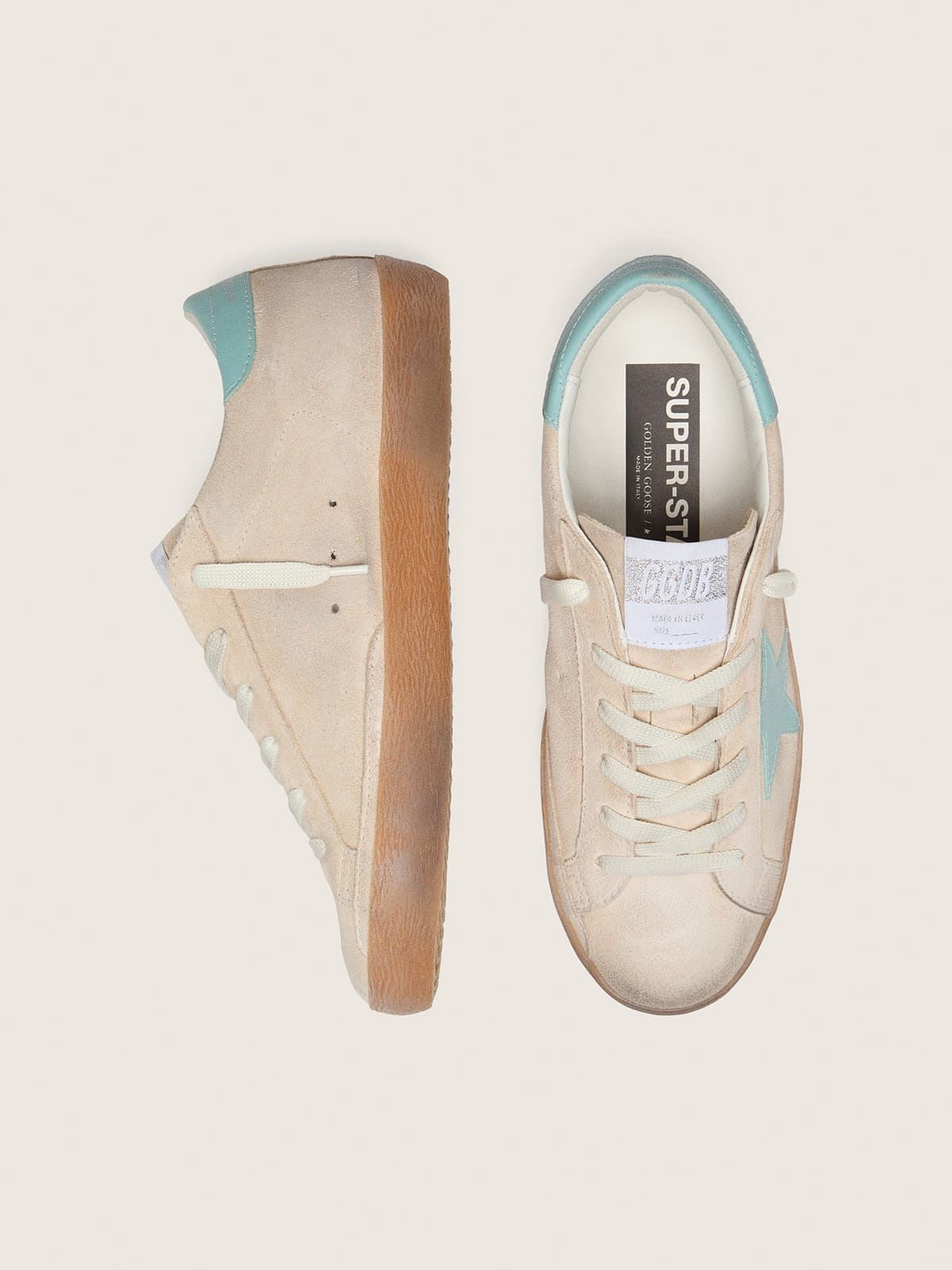 Golden Goose Womens Super-Star In Beige Suede With Aqua-Green Star Womens