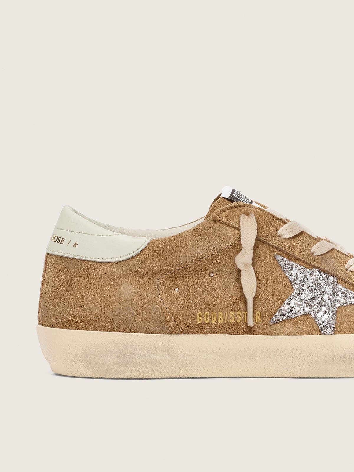 Golden Goose Womens Super-Star In Tobacco Suede With Silver Glitter Star Womens