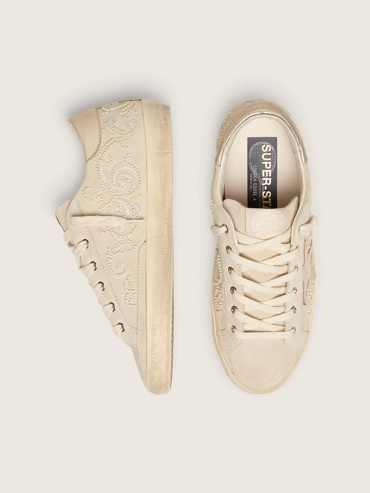 Golden Goose Womens Super-Star Ltd In Pearl Suede With Gold Star And Bead Embroidery Womens