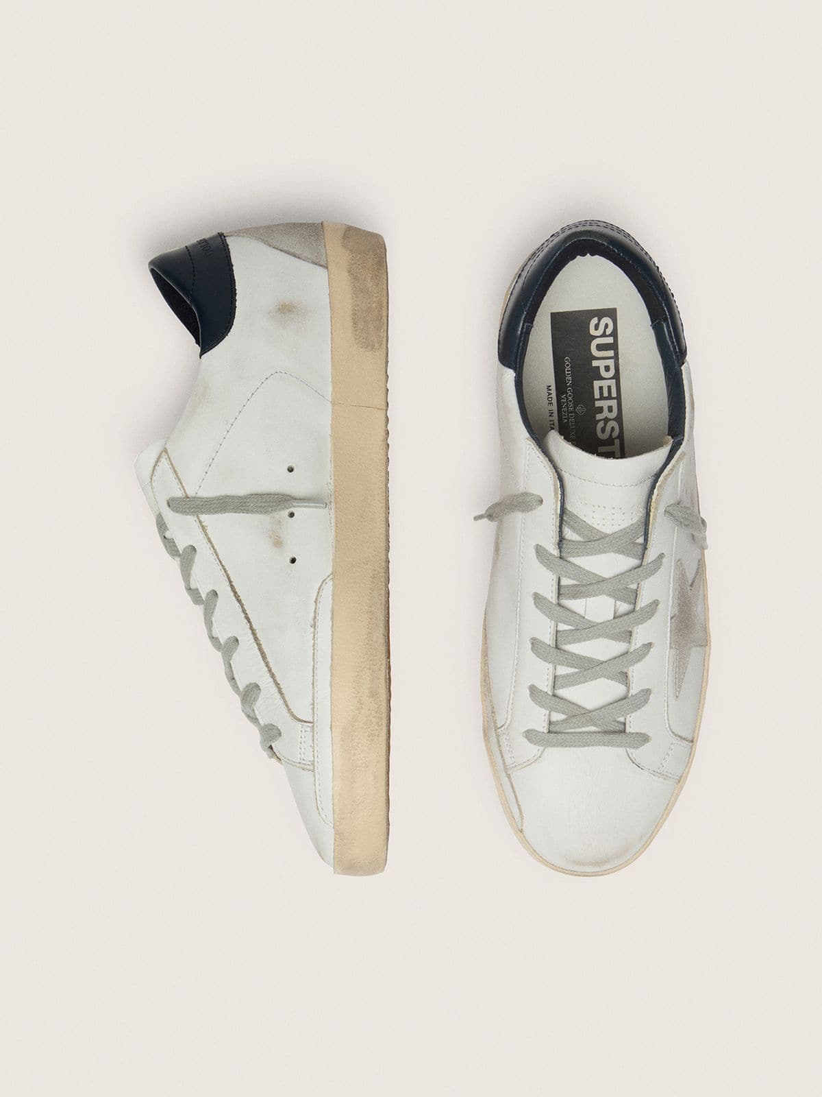Golden Goose Womens Super-Star With Suede Star And Blue Heel Tab Womens