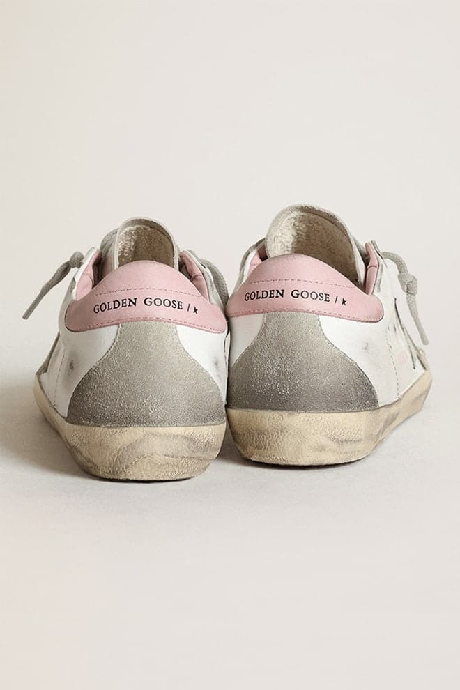 Golden Goose Womens Super-Star With Gray Suede Star And Pink Leather Heel Tab Womens