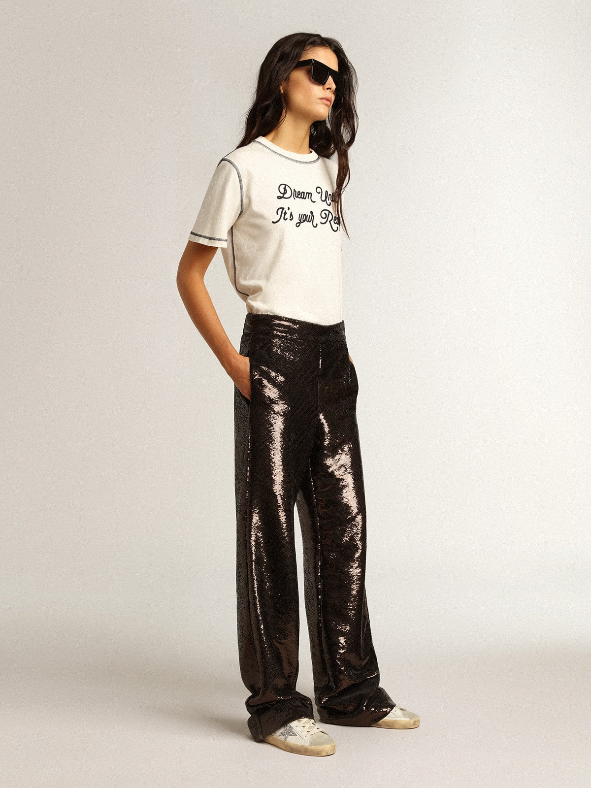 Golden Goose Womens Super-Star With Silver Glitter Star And Brown Glitter Heel Tab Womens