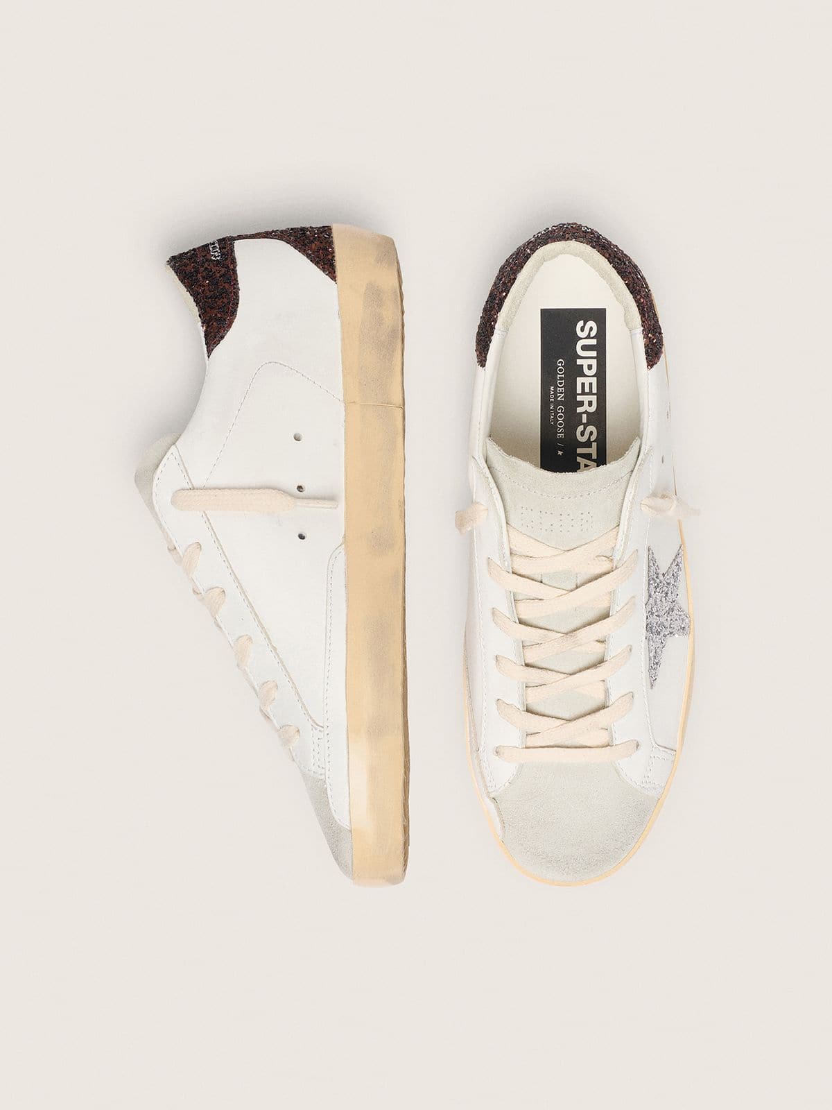 Golden Goose Womens Super-Star With Silver Glitter Star And Brown Glitter Heel Tab Womens