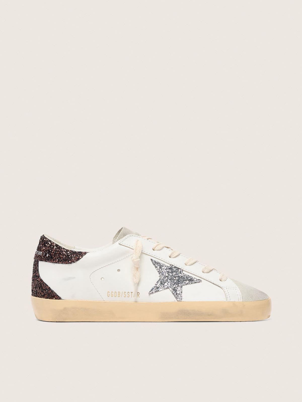 Golden Goose Womens Super-Star With Silver Glitter Star And Brown Glitter Heel Tab Womens