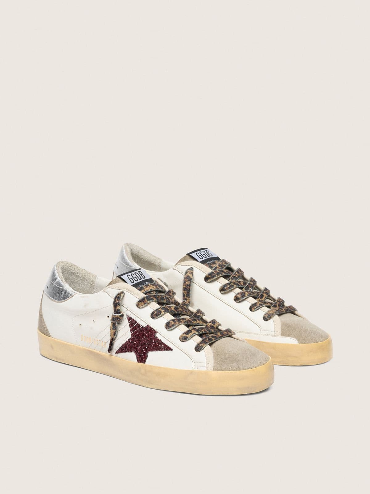 Golden Goose Super-Star With Burgundy Glitter Star And Silver Heel Tab Womens