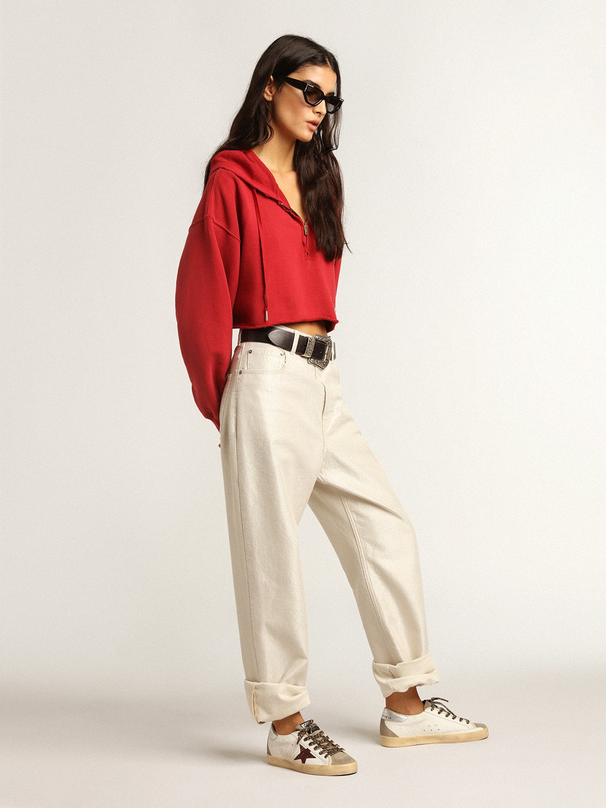 Golden Goose Super-Star With Burgundy Glitter Star And Silver Heel Tab Womens