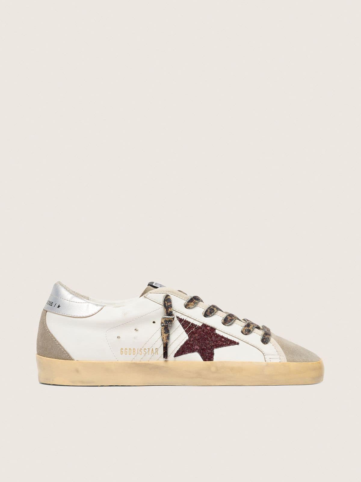 Golden Goose Super-Star With Burgundy Glitter Star And Silver Heel Tab Womens