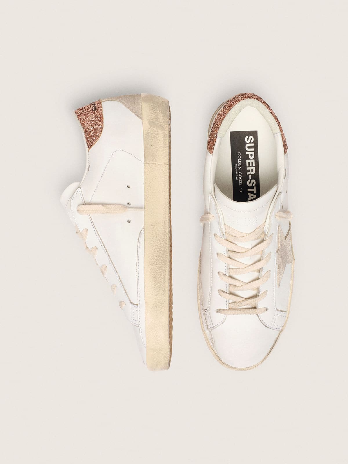 Golden Goose Womens Super-Star With A Suede Star And Peach-Pink Glitter Heel Tab Womens