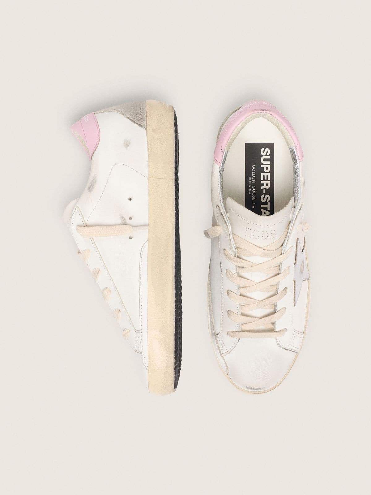 Golden Goose Womens Super-Star With Silver Leather Star And Pink Heel Tab Womens