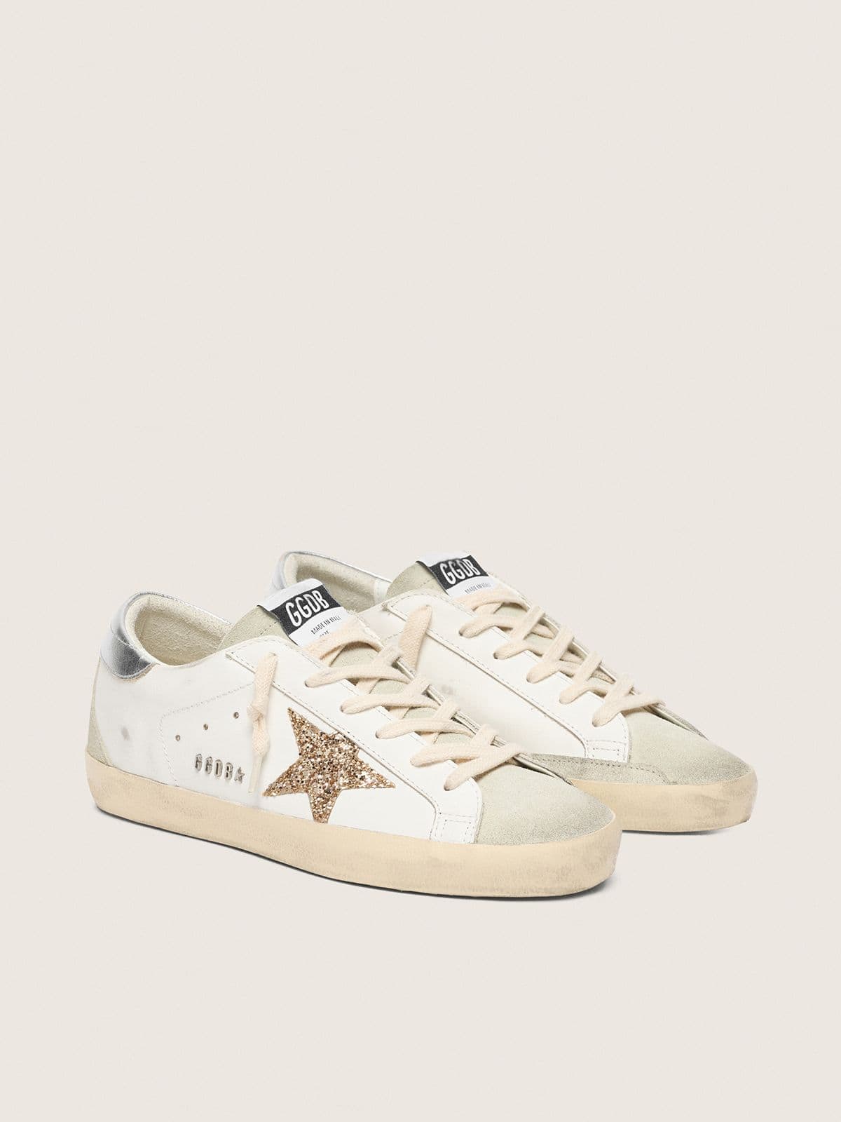 Golden Goose Womens Super-Star With Gold Glitter Star And Ice-Gray Suede Inserts Womens