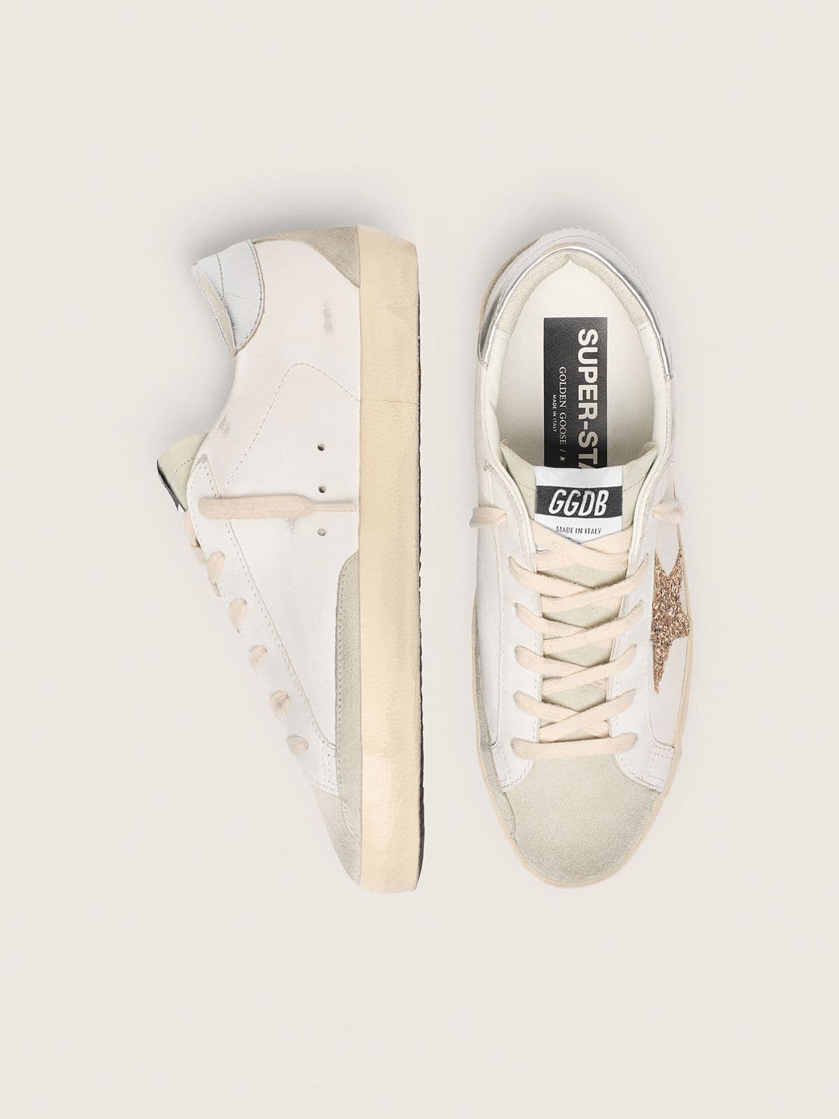 Golden Goose Womens Super-Star With Gold Glitter Star And Ice-Gray Suede Inserts Womens