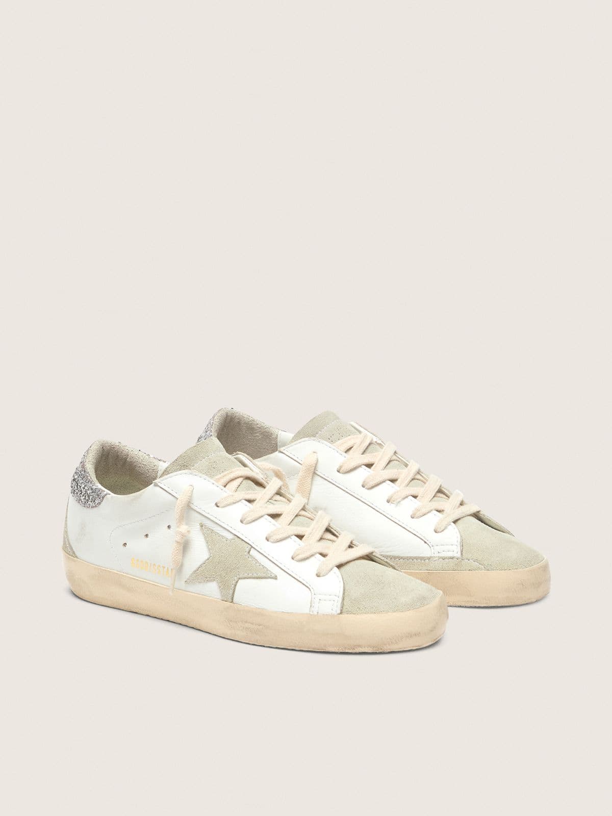 Golden Goose Womens Super-Star With Gray Star And Silver Glitter Heel Tab Womens