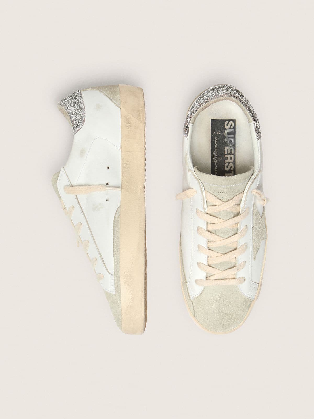 Golden Goose Womens Super-Star With Gray Star And Silver Glitter Heel Tab Womens