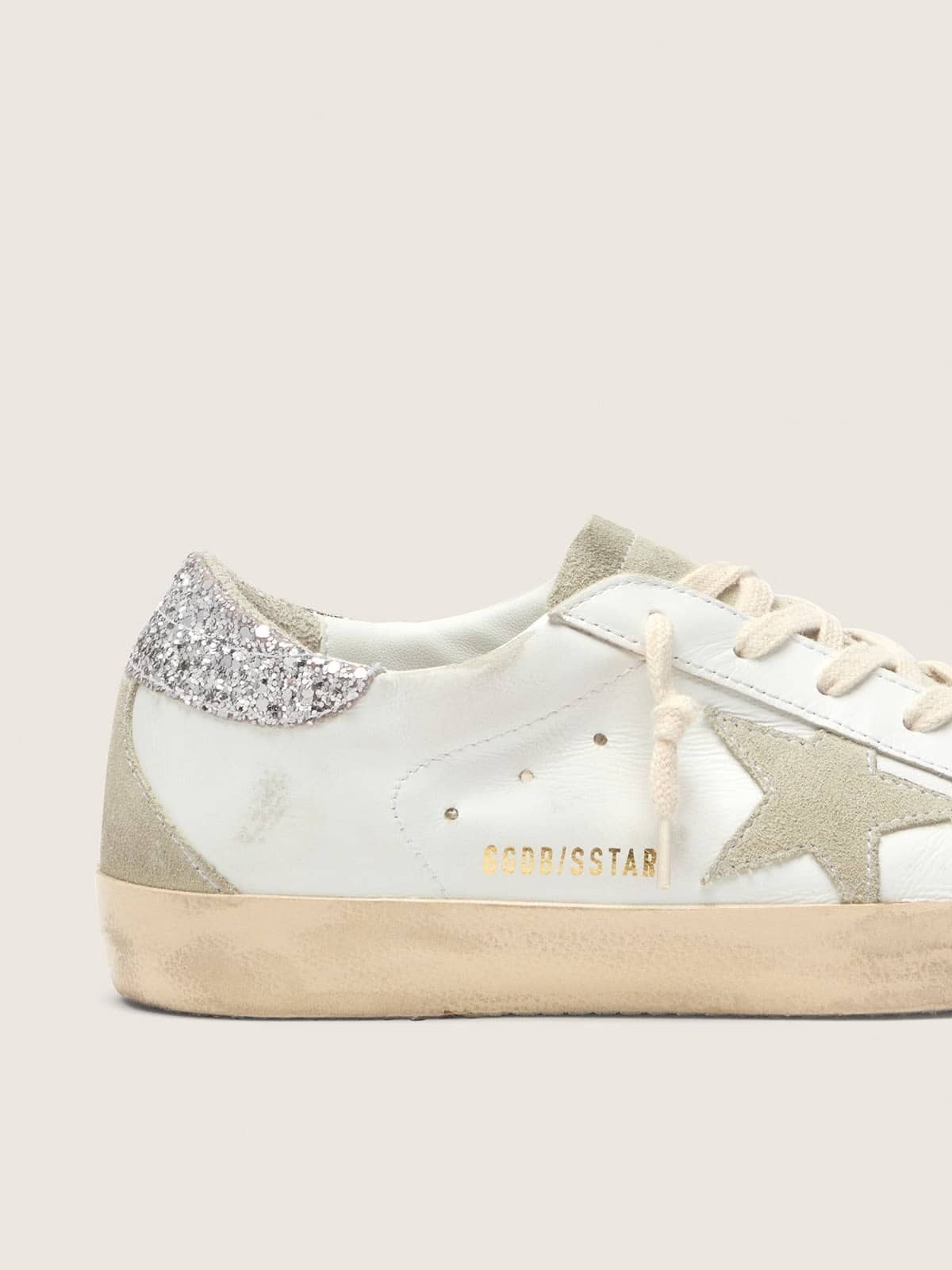 Golden Goose Womens Super-Star With Gray Star And Silver Glitter Heel Tab Womens