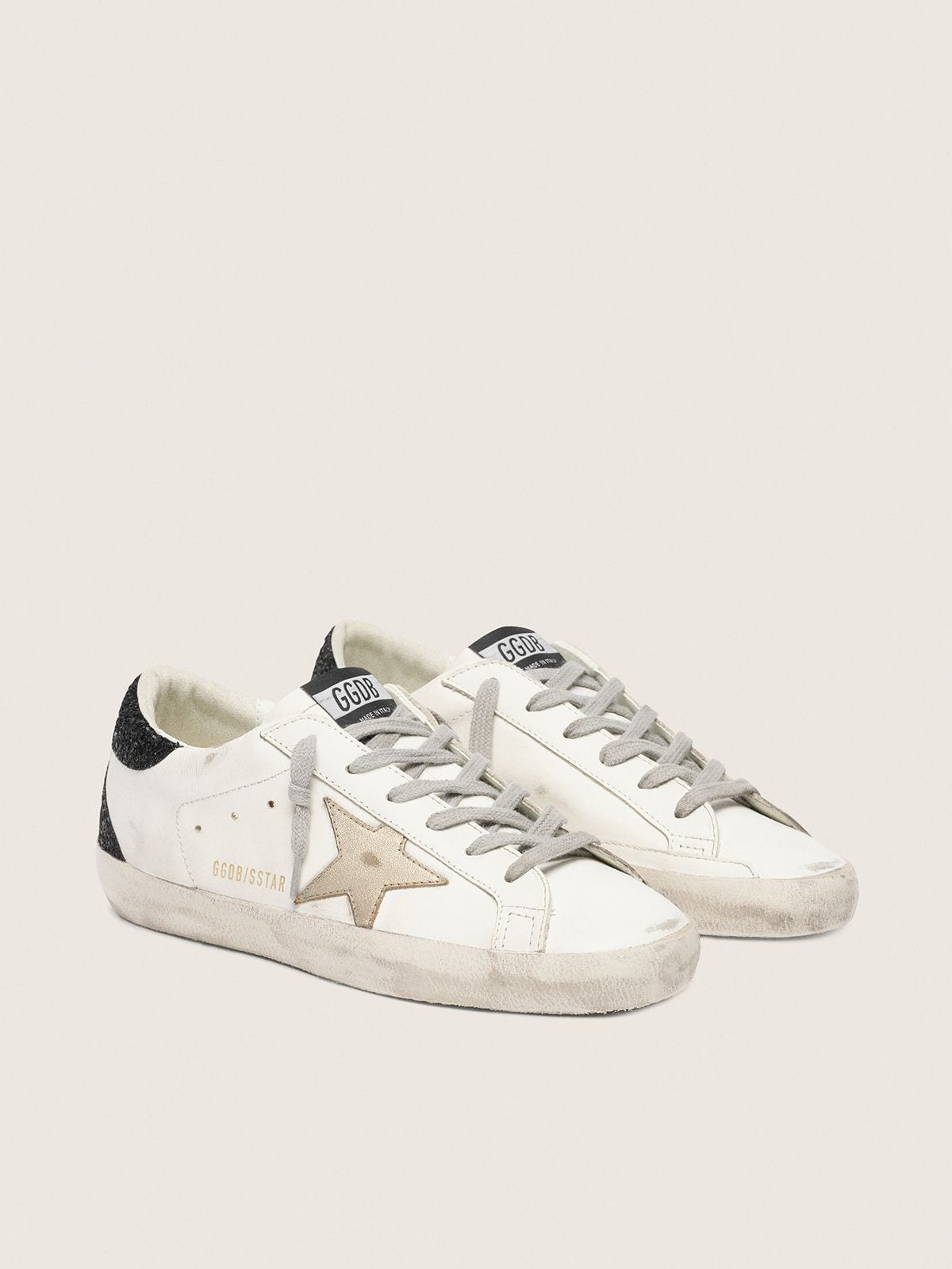 Golden Goose Womens Super-Star With Gold Star And Black Glitter Heel Tab Womens