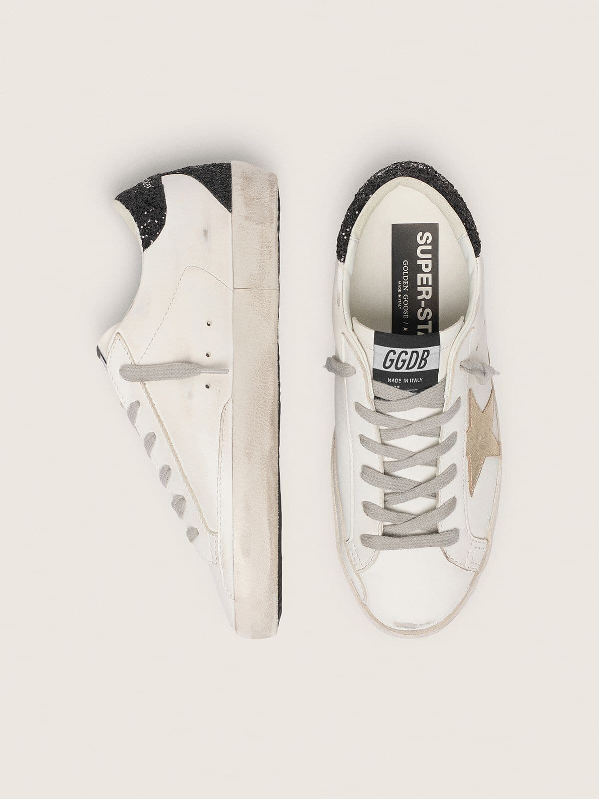 Golden Goose Womens Super-Star With Gold Star And Black Glitter Heel Tab Womens