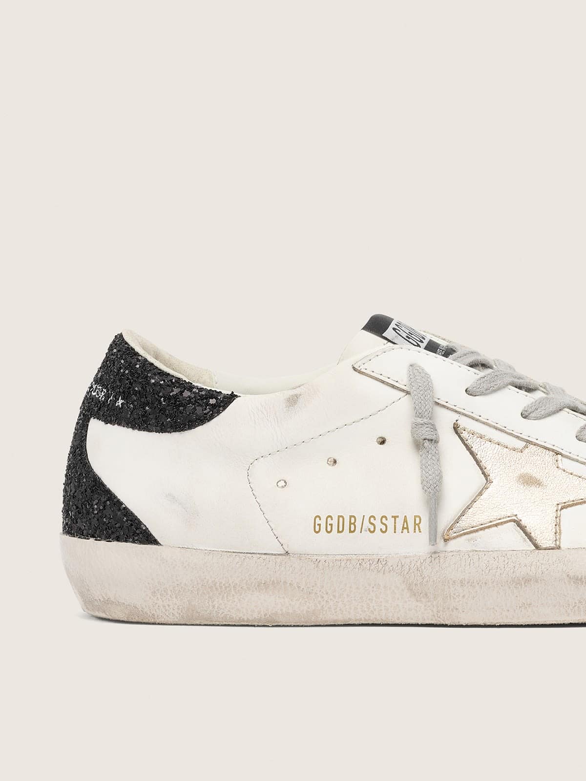 Golden Goose Womens Super-Star With Gold Star And Black Glitter Heel Tab Womens
