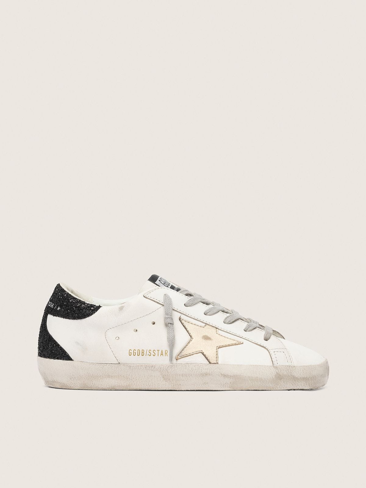 Golden Goose Womens Super-Star With Gold Star And Black Glitter Heel Tab Womens
