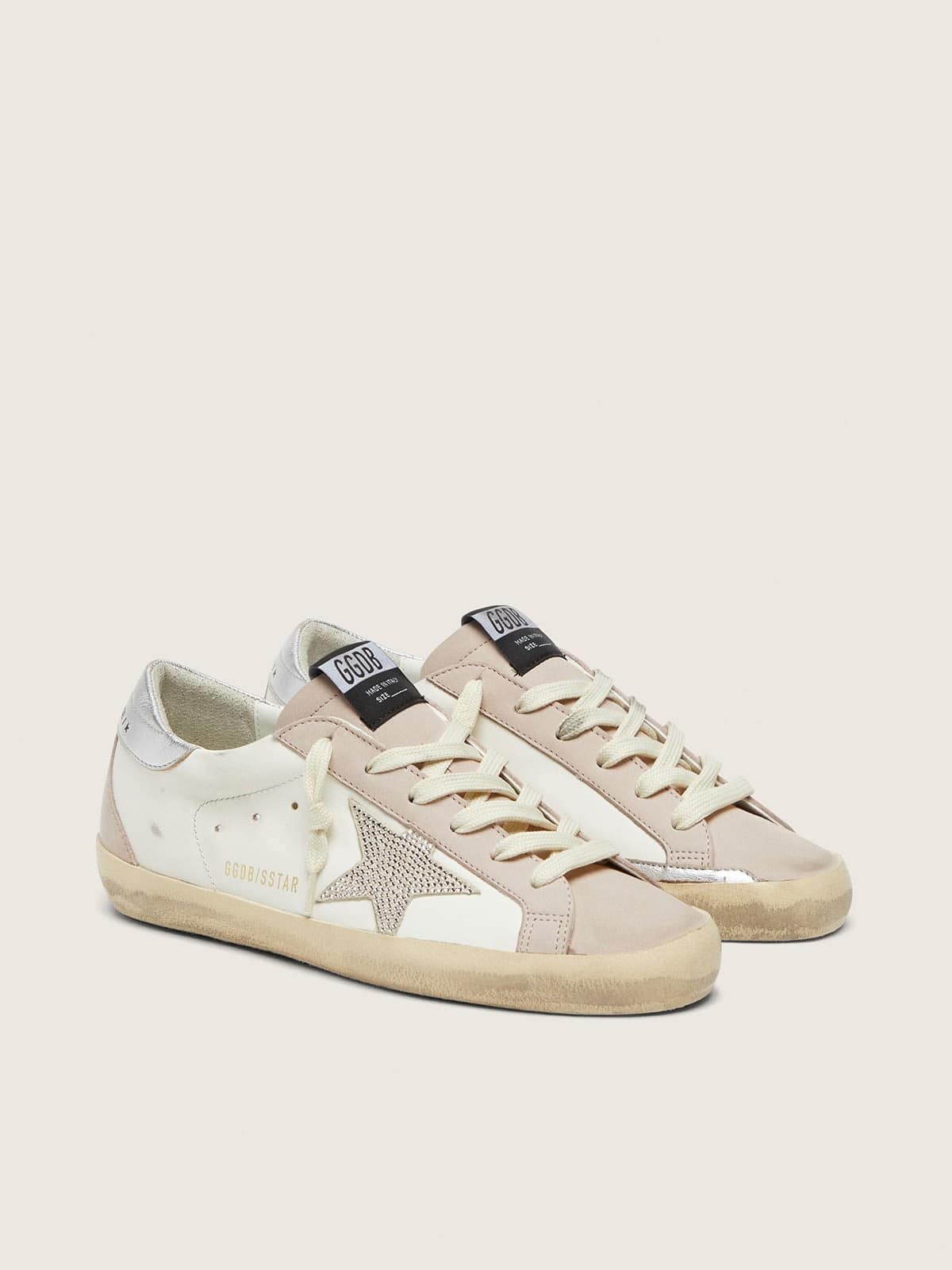 Golden Goose Womens Super-Star In White And Powder-Pink Leather With Silver Swarovski Crystal Star Womens