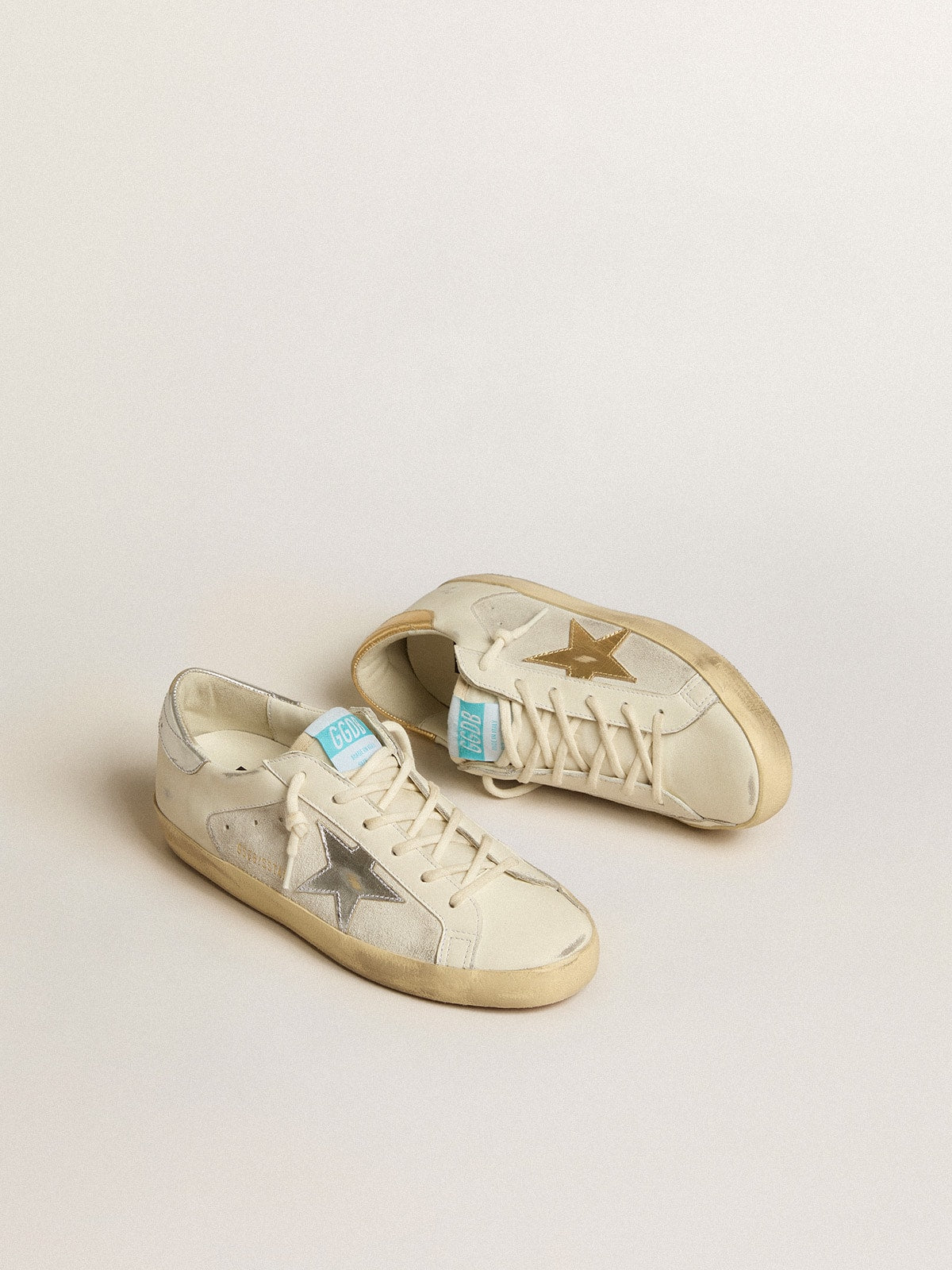 Golden Goose Super-Star In White Leather And Suede With Silver And Gold Leather Star Womens