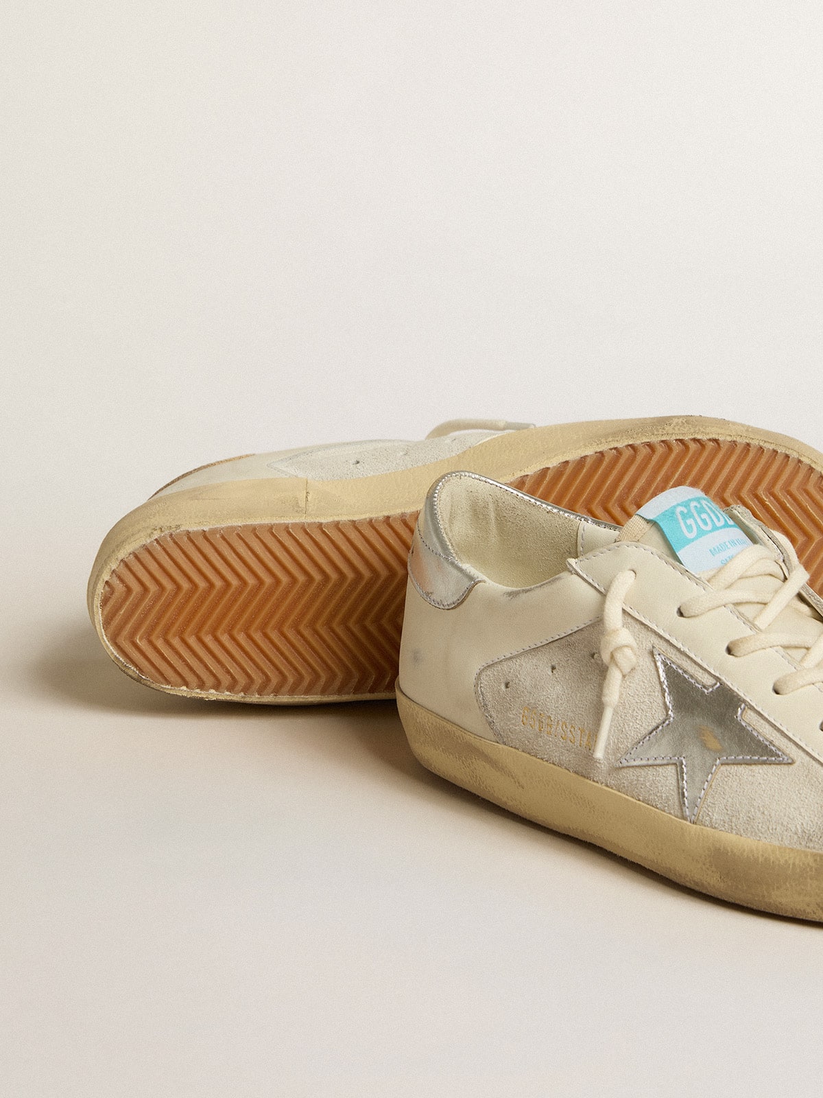 Golden Goose Super-Star In White Leather And Suede With Silver And Gold Leather Star Womens