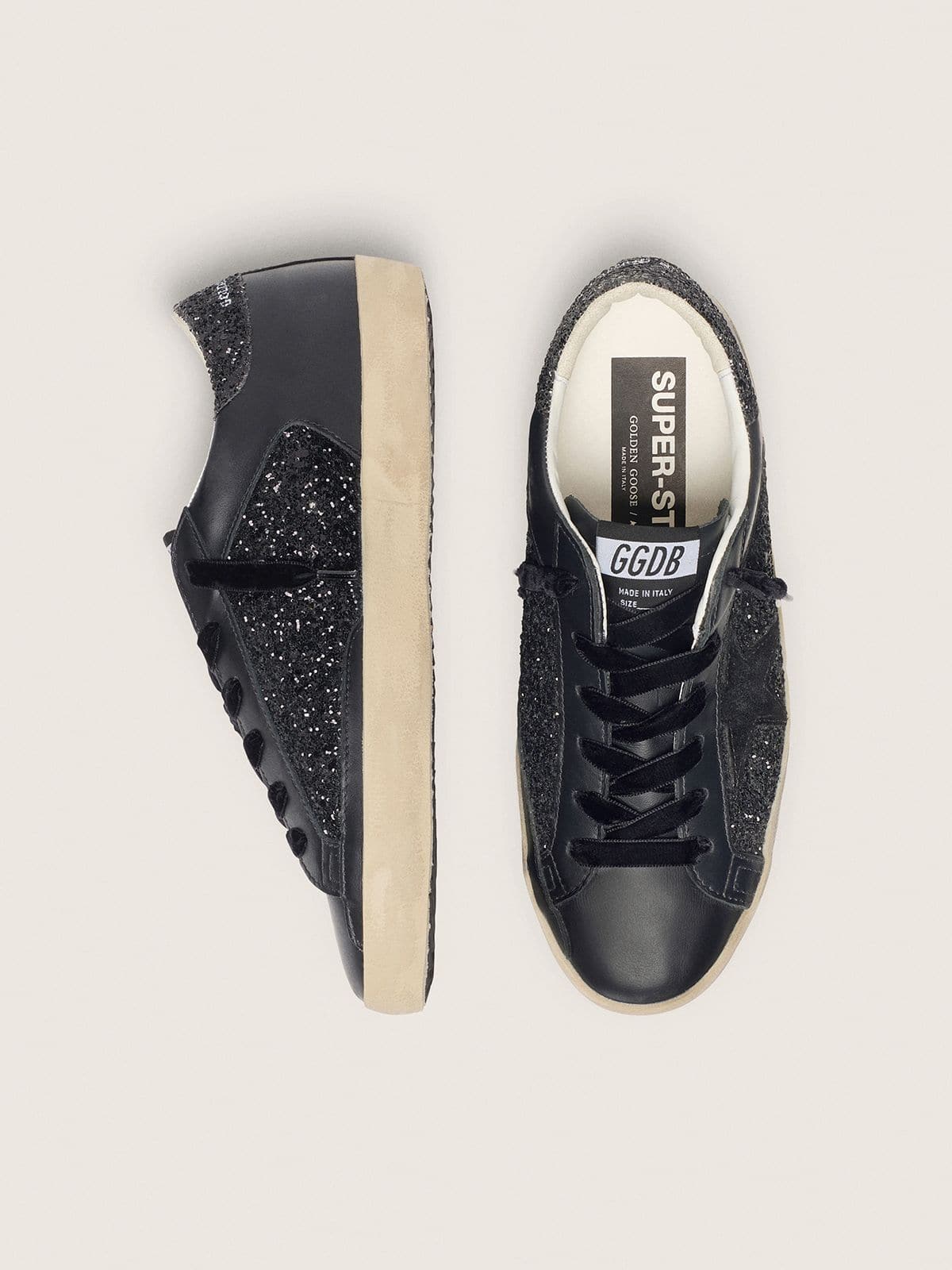 Golden Goose Womens Super-Star In Black Glitter With Black Suede Star And Leather Inserts Womens