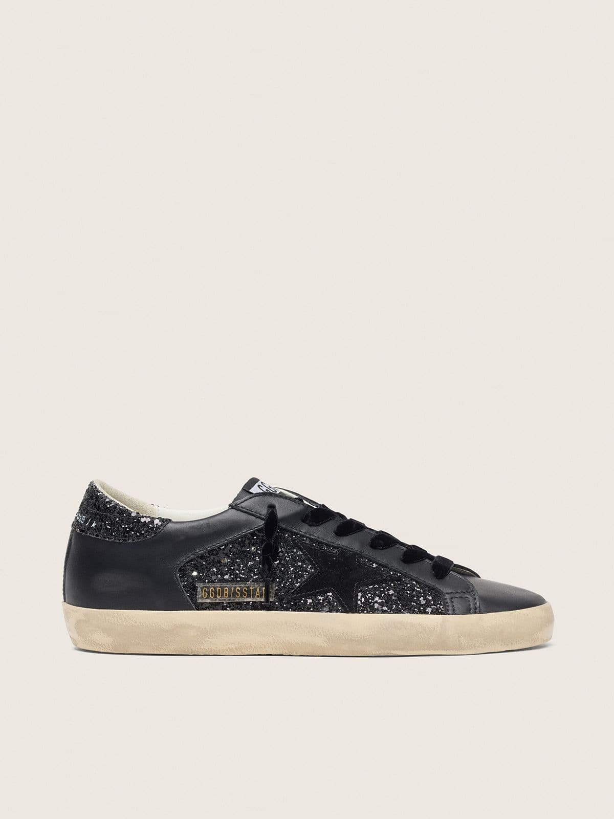Golden Goose Womens Super-Star In Black Glitter With Black Suede Star And Leather Inserts Womens