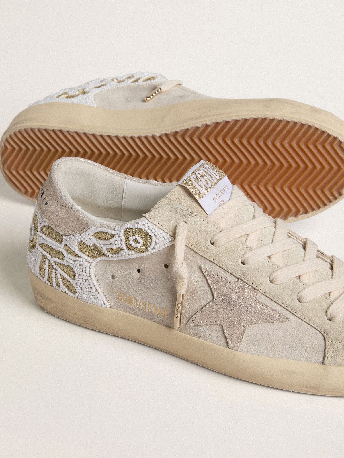 Golden Goose Womens Super-Star In Beige Suede With Bead Embroidery And Laminated Suede Star Womens