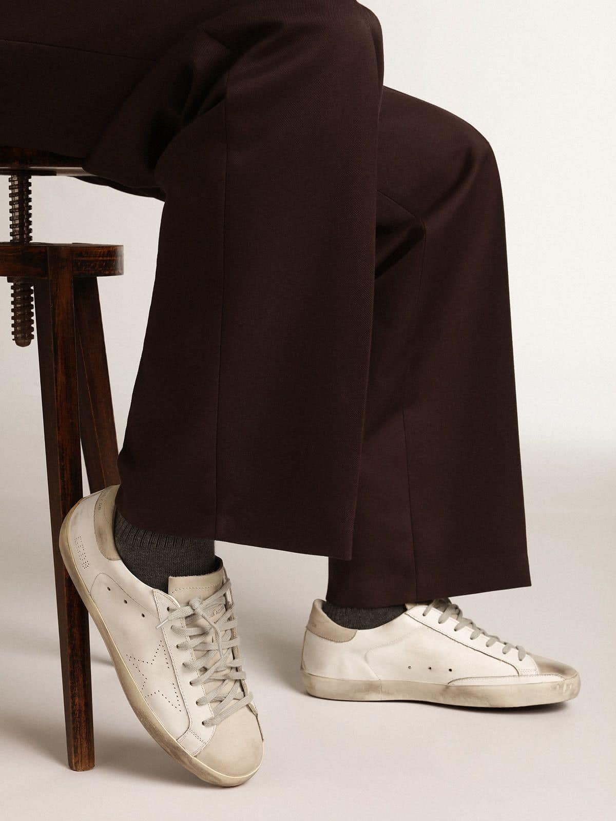 Golden Goose Womens Super-Star In White Leather With Perforated Star And Beige Nubuck Heel Tab Womens