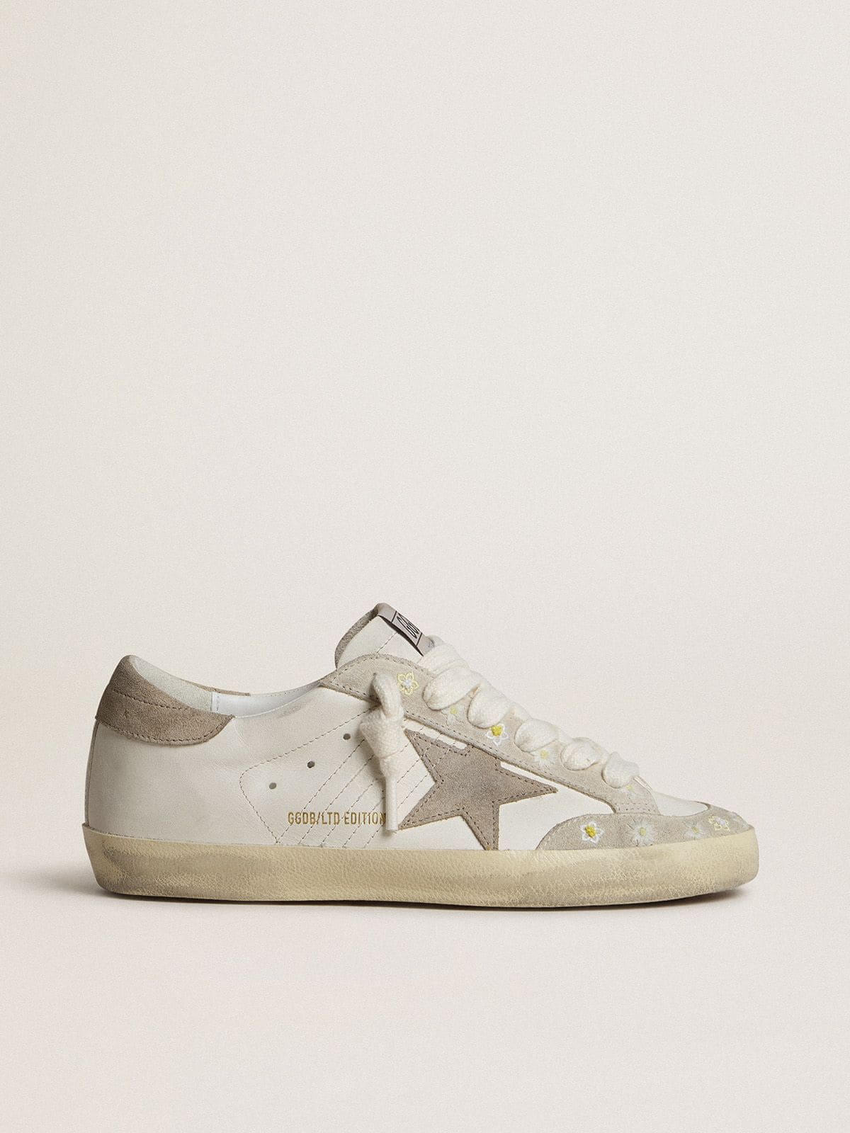 Golden Goose Womens Super-Star Ltd With Beige Suede Star And Heel Tab And Floral Embroidery Womens